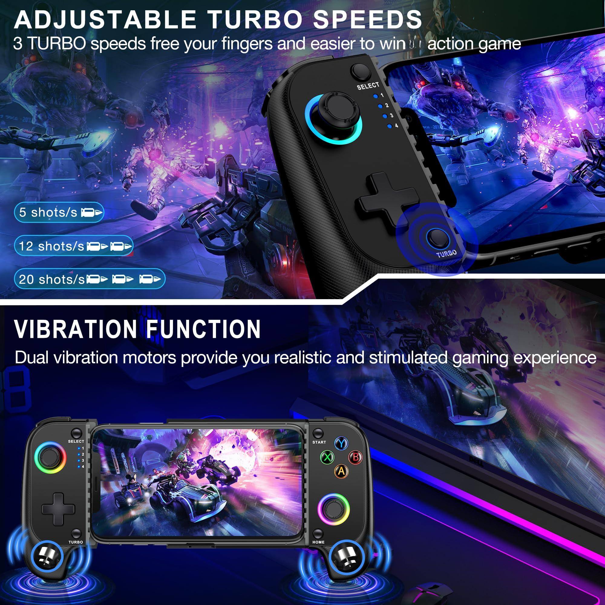 **ADJUSTABLE TURBO SPEEDS**

3 TURBO speeds free your fingers and easier to win action game

- 5 shots/s
- 12 shots/s
- 20 shots/s

**VIBRATION FUNCTION**

Dual vibration motors provide you realistic and stimulated gaming experience