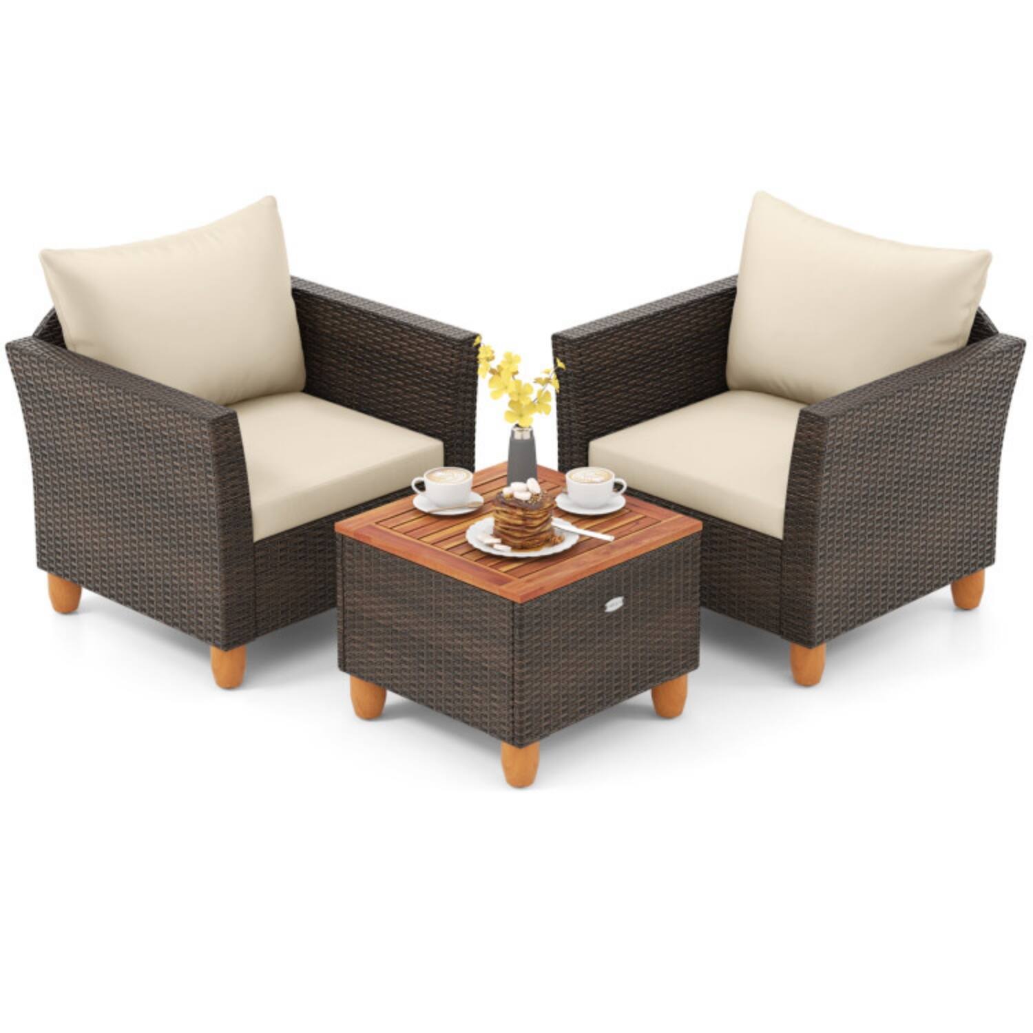 Alt View 3. Mondawe - Compact Freestanding Patio PE Wicker Set with Cushions and Storage Table 3-Piece - Mix Brown+Beige.