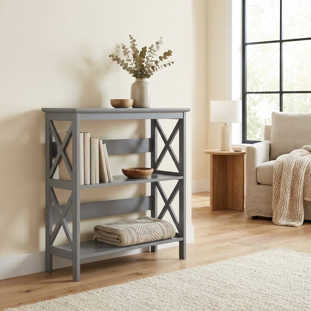 Alt View 2. FurniFact - Wooden 3-Tier Bookcase with Non-Lead Base Paint and Storage Shelves - Gray.