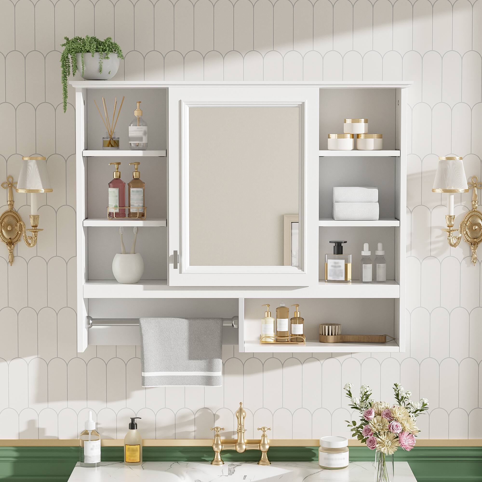 Angle. Whisen - 35" Wall-Mount 2-in-1 Mirror Cabinet with Adjustable Shelves, Soft-Closing Hinges, Open Shelves - White.