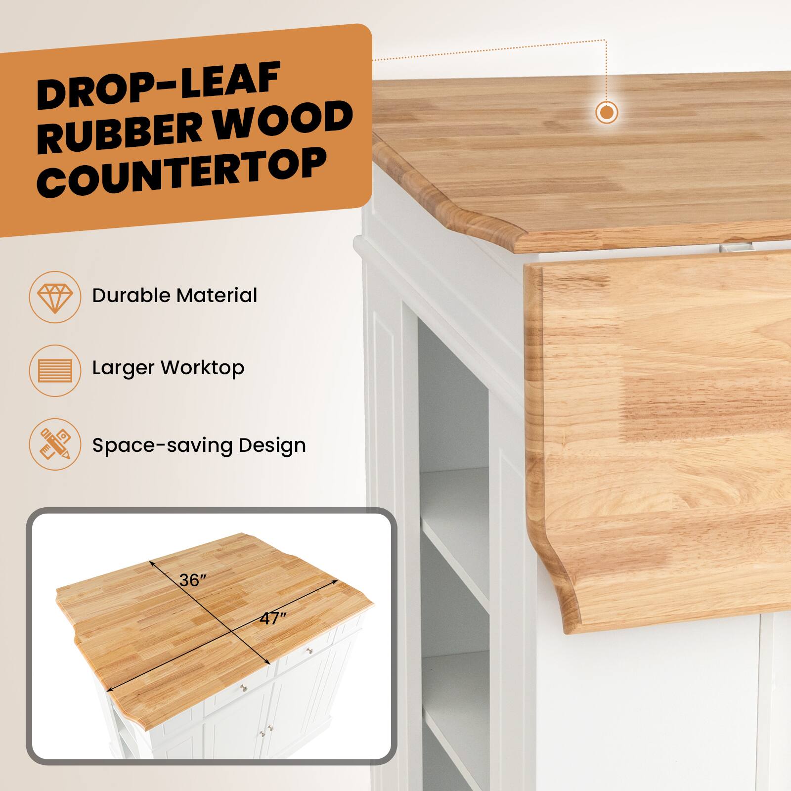 Drop-leaf Rubber Wood Countertop Durable Material Larger Worktop Space-saving Design 36" 47"