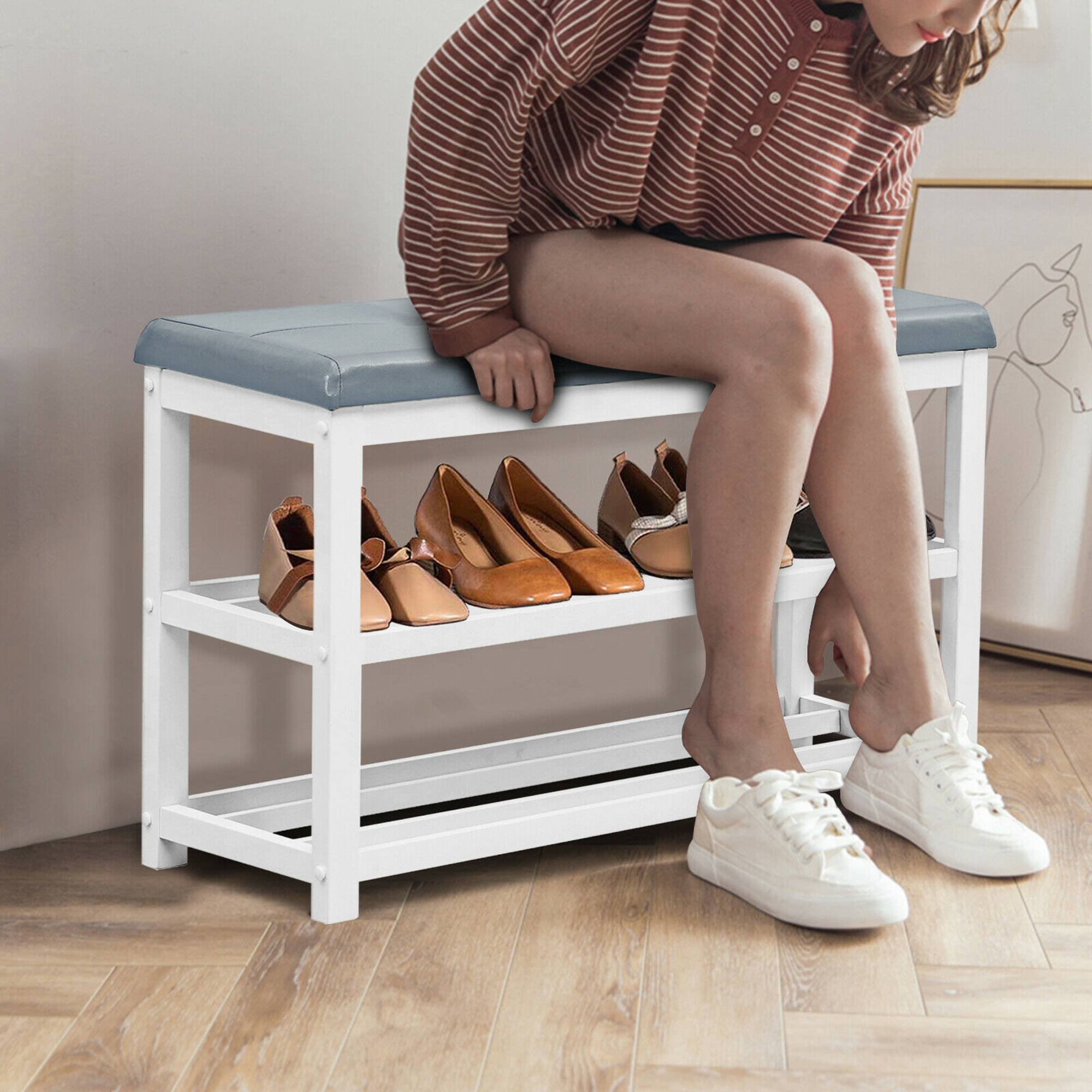 Alt View 11. Costway - 2-Tier Wooden Shoe Rack Bench w/Padded Seat for Entryway Bedroom White - White.