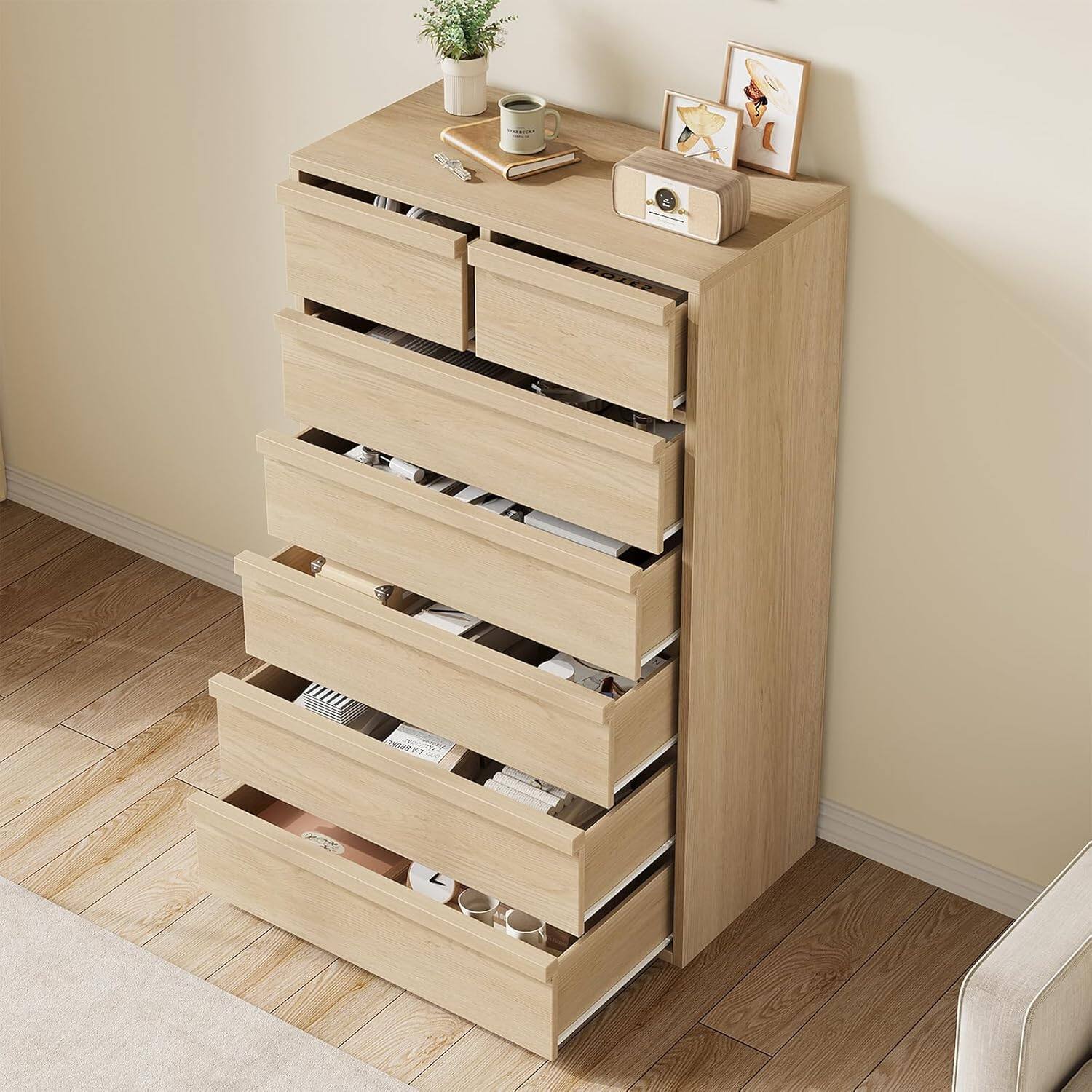 Back. GARVEE - 7 Drawer Dresser for Bedroom, 46in Tall Natural Oak 7 Chest of Drawers with Large Storage, Wooden Dresser Organizer - Natural.