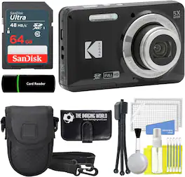 Kodak - PIXPRO FZ55 Black 16MP Digital Camera 5X Optical Zoom 1080P Full HD Video + 64GB Card + Case + Memory Wallet + Bundle