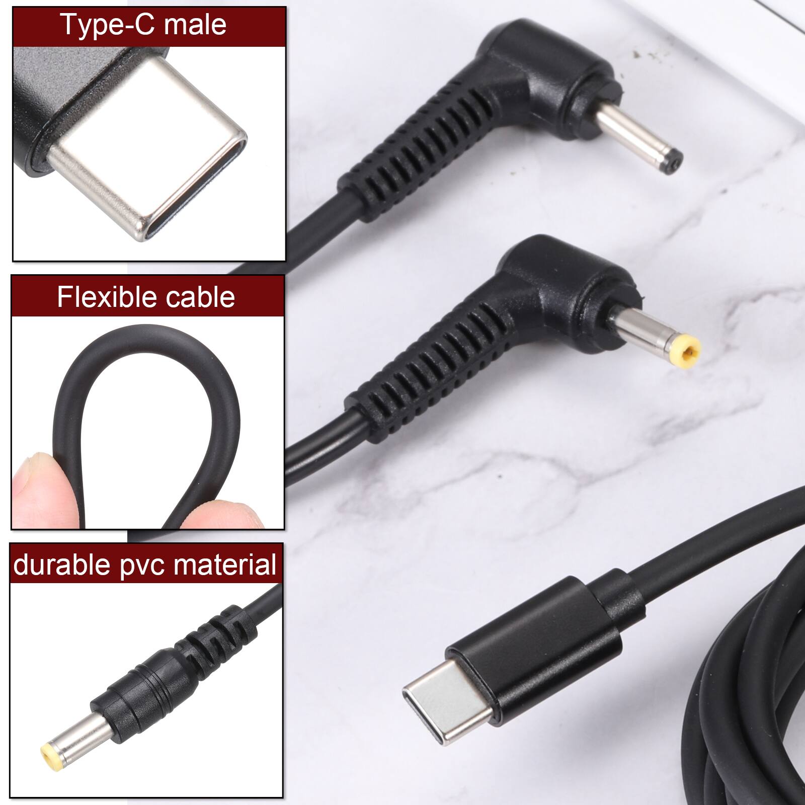 Type-C male  
Flexible cable  
Durable PVC material