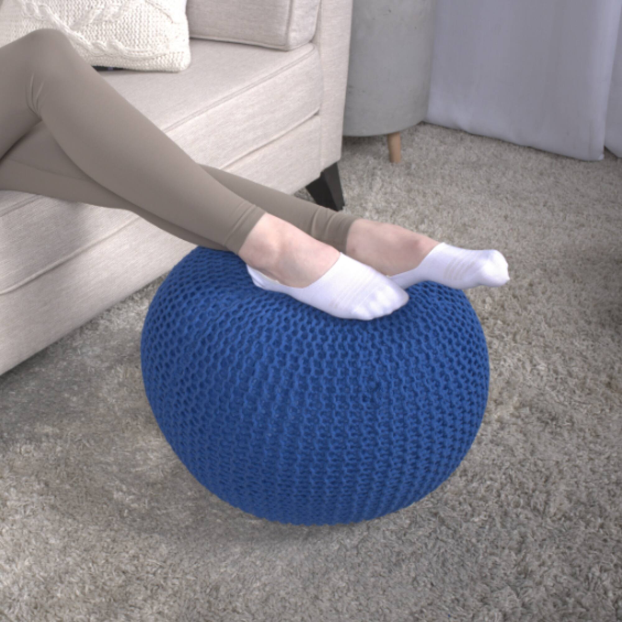 Left. GOODSILO - Round Knitted Cotton Pouf Ottoman Floor Cushion Stylish Home Decor Accent Piece - Navy Blue.