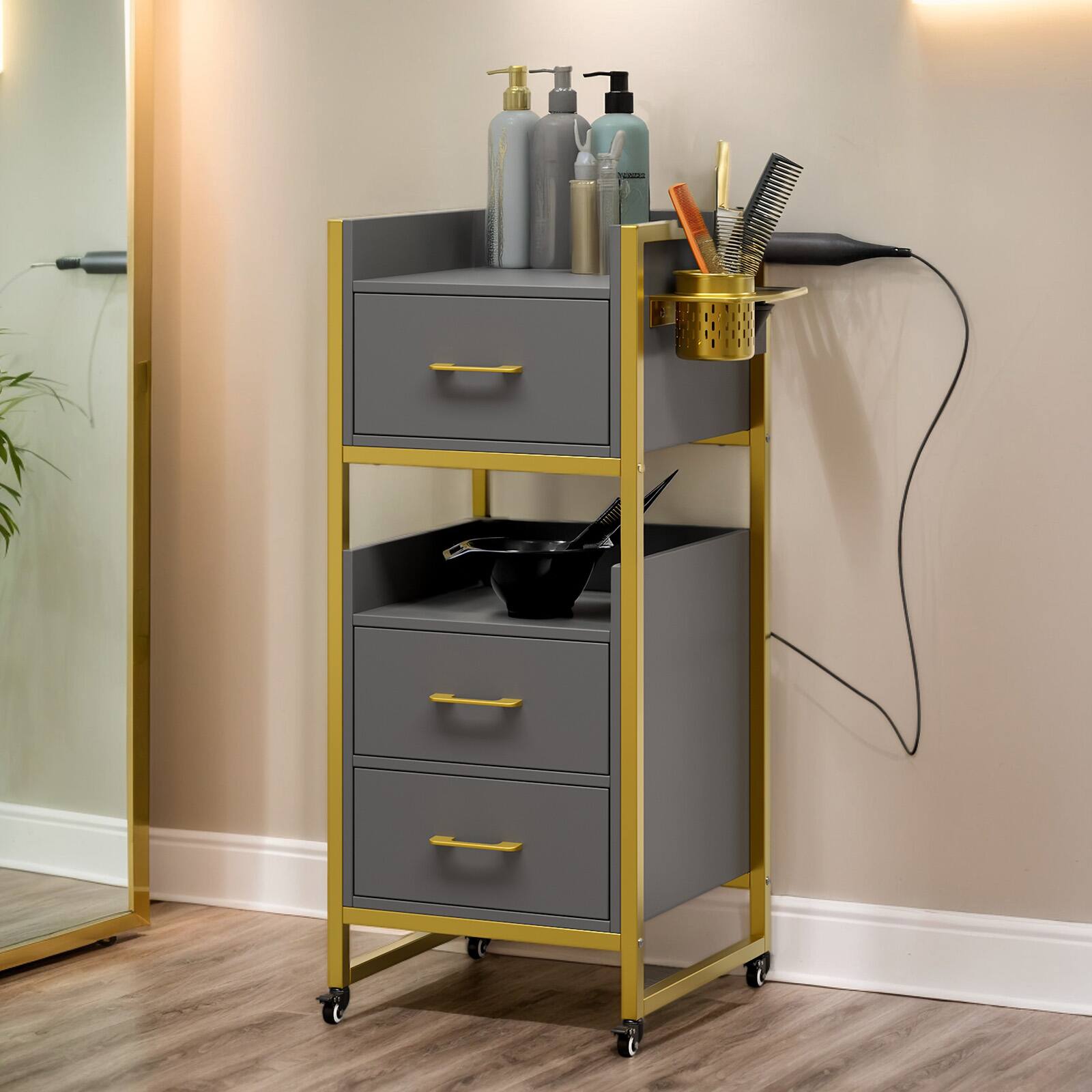 Alt View 1. Winado - Salon Trolley Cart, Hair Styling Station with 3 Drawers, 2 Open Shelf & Tool Holders, Mobile Storage Cabinet for Barber - Gray.