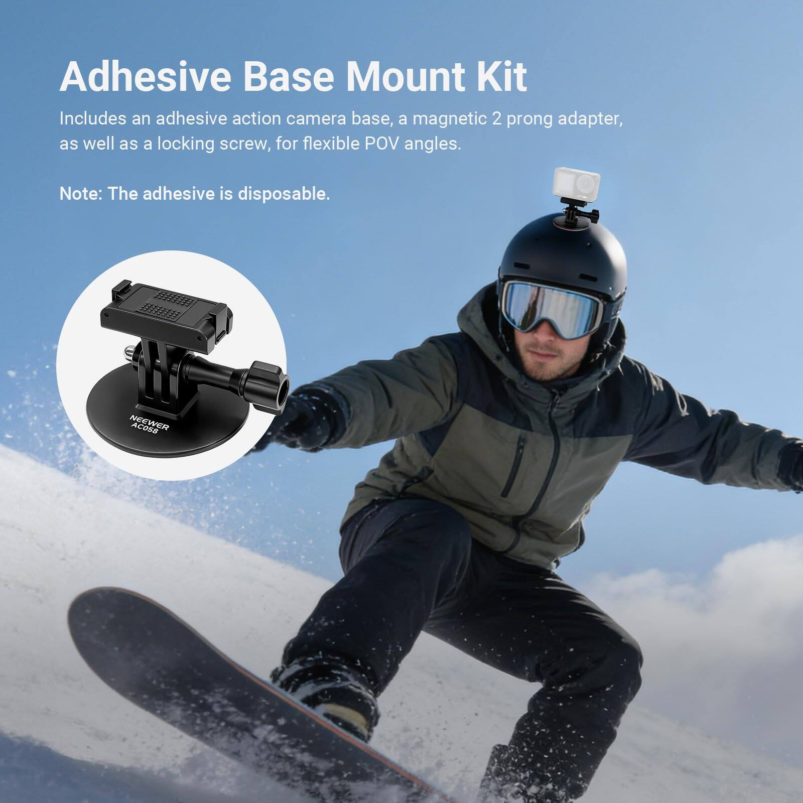 Adhesive Base Mount Kit

Includes an adhesive action camera base, a magnetic 2-prong adapter, as well as a locking screw, for flexible POV angles.

Note: The adhesive is disposable.

NEEWER ACO9D