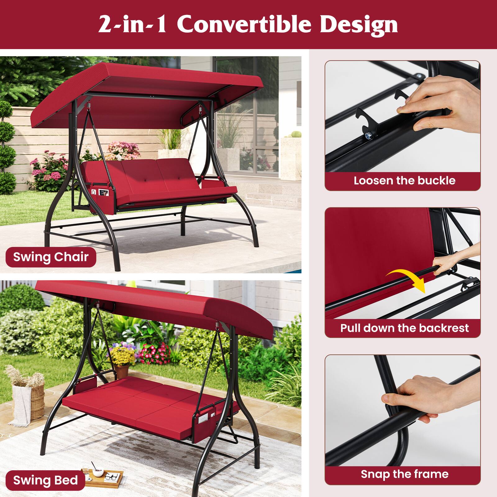 Alt View 5. Gymax - Gymax 3-Seat Patio Swing w/ Canopy & Removable Cushions & Side Pockets Stand Burgundy - Burgundy.
