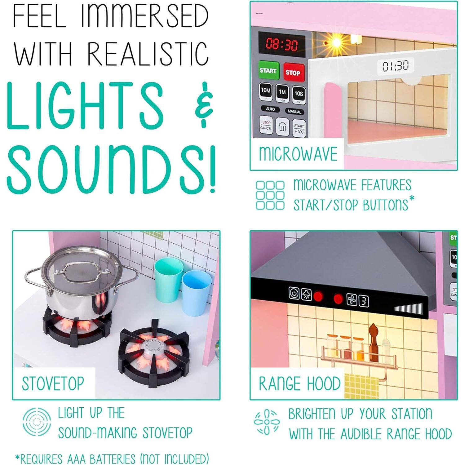 FEEL IMMERSED WITH REALISTIC LIGHTS & SOUNDS!

MICROWAVE
08:30
01:30
START
STOP
10M
1M
10S
AUTO
MANUAL
START
CANCEL
MICROWAVE FEATURES
START/STOP BUTTONS

STOVETOP
LIGHT UP THE SOUND-MAKING STOVETOP
*REQUIRES AAA BATTERIES (NOT INCLUDED)

RANGE HOOD
BRIGHTEN UP YOUR STATION WITH THE AUDIBLE RANGE HOOD