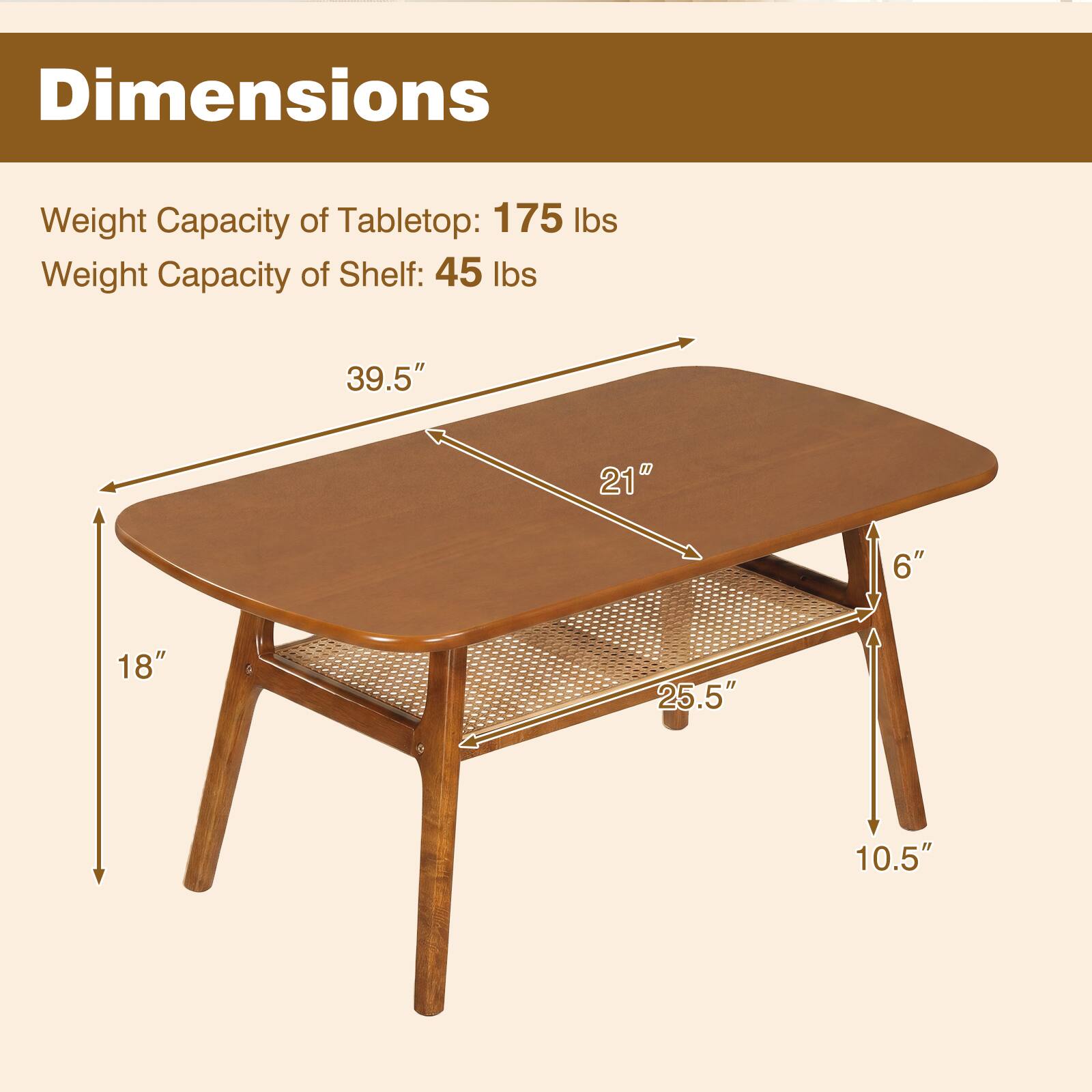 Dimensions  
Weight Capacity of Tabletop: 175 lbs  
Weight Capacity of Shelf: 45 lbs  

39.5"  
21"  
6"  
18"  
25.5"  
10.5"