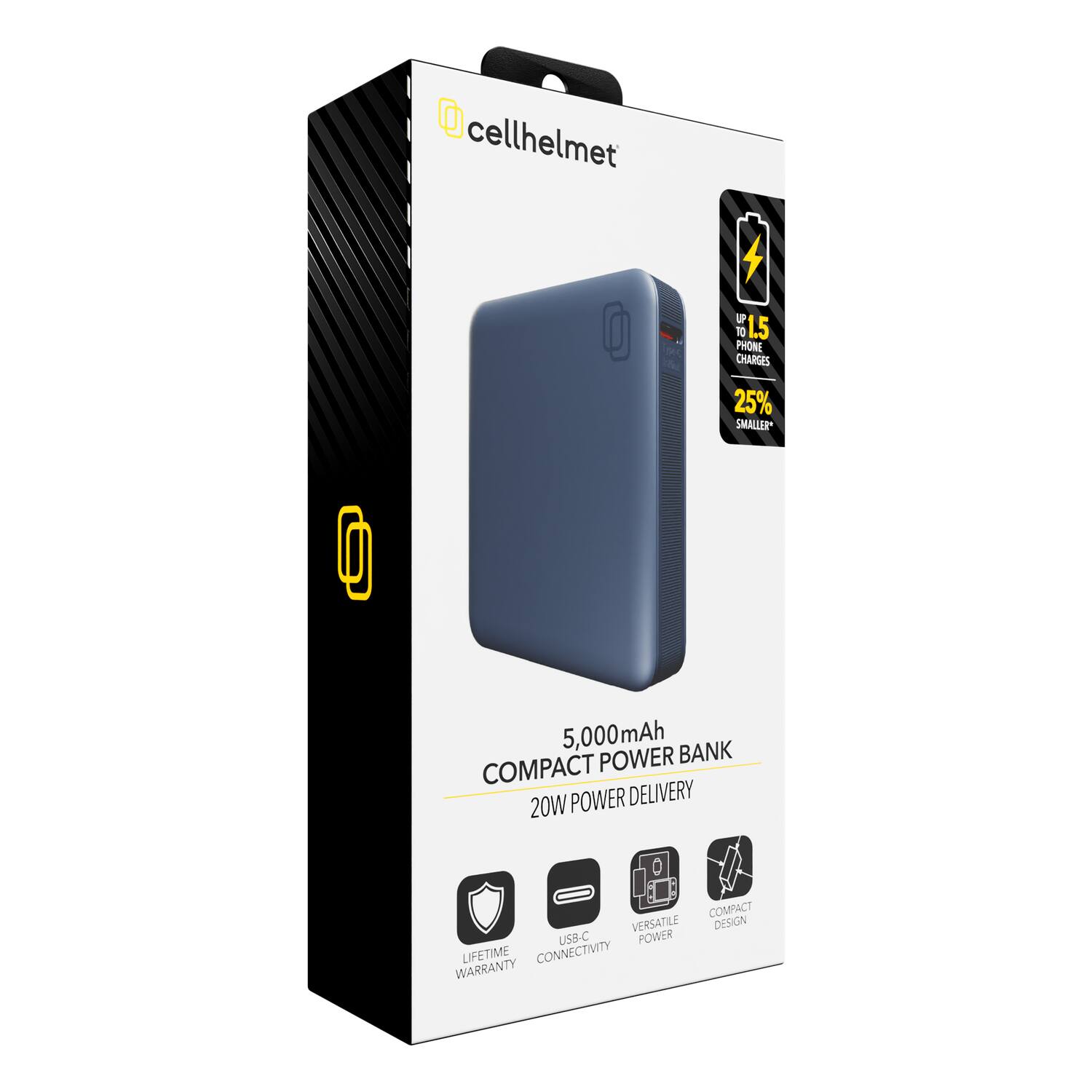 cellhelmet  
5,000mAh COMPACT POWER BANK  
20W POWER DELIVERY  

- UP TO 1.5 PHONE CHARGES  
- 25% SMALLER  

- LIFETIME WARRANTY  
- USB-C CONNECTIVITY  
- VERSATILE POWER  
- COMPACT DESIGN