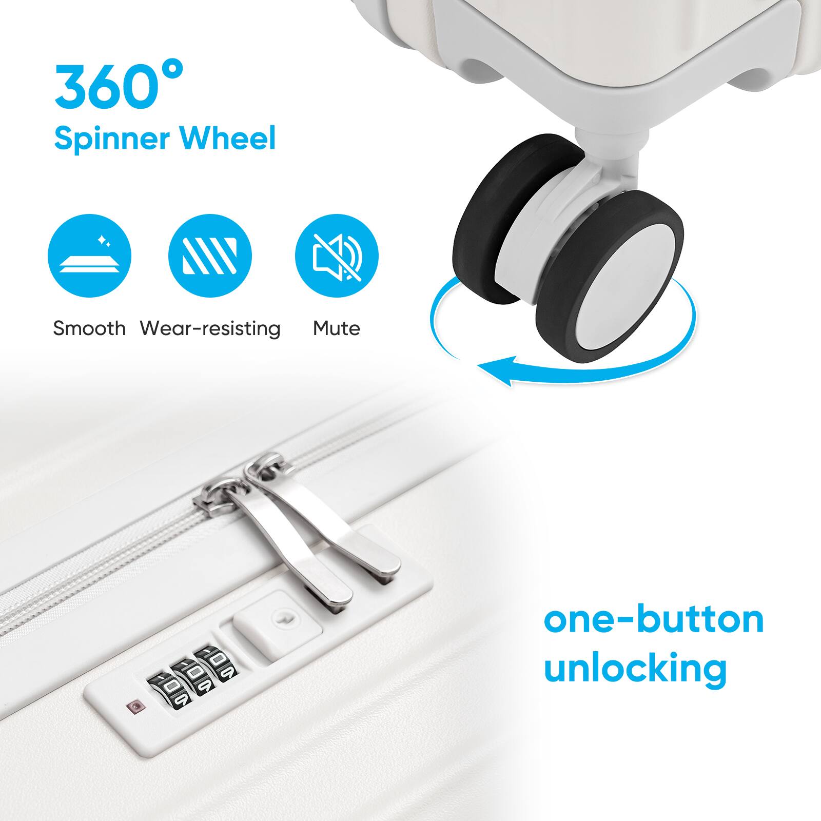 360° Spinner Wheel

- Smooth
- Wear-resisting
- Mute

one-button unlocking