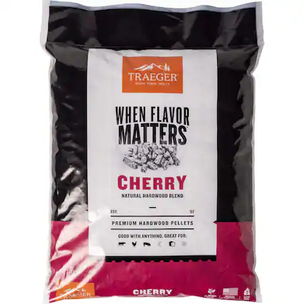 Traeger Wood Fired Grills When Flavor Matters Cherry Natural Hardwood Blend Premium Hardwood Pellets Good with Anything. Great for: Praeger So Cherry.