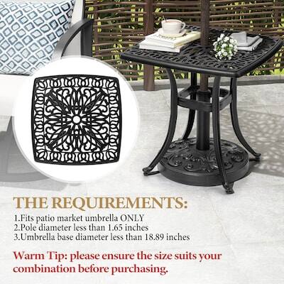 THE REQUIREMENTS:  
1. Fits patio market umbrella ONLY  
2. Pole diameter less than 1.65 inches  
3. Umbrella base diameter less than 18.89 inches  

Warm Tip: please ensure the size suits your combination before purchasing.