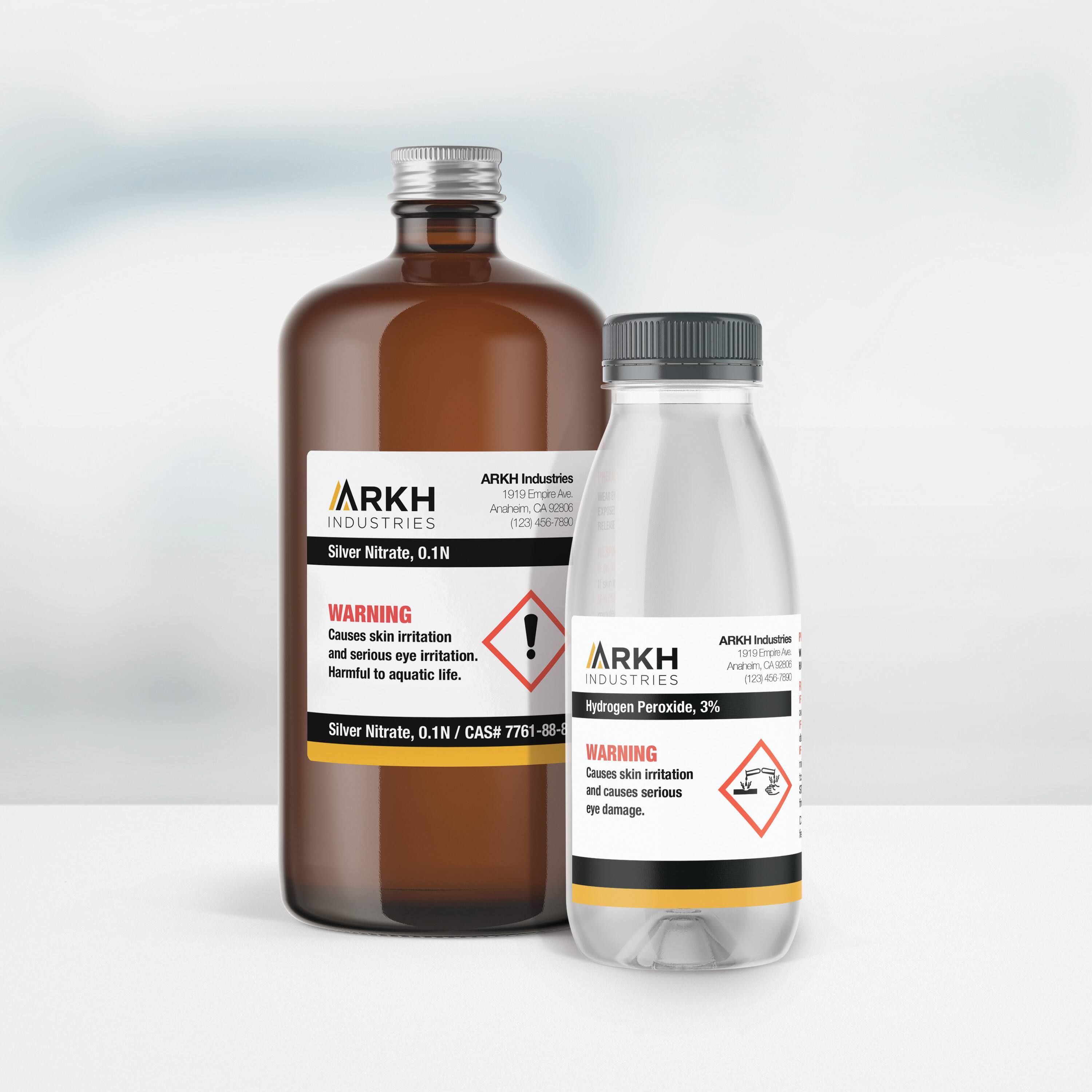 ARKH Industries  
1919 Empire Ave  
Anaheim, CA 92806  
(123) 456-7890  

Silver Nitrate, 0.1N  
WARNING: Causes skin irritation and serious eye irritation. Harmful to aquatic life.  
Silver Nitrate, 0.1N / CAS# 7761-88-8  

Hydrogen Peroxide, 3%  
WARNING: Causes skin irritation and causes serious eye damage.