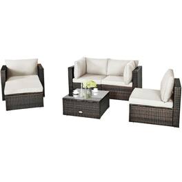 Pefilos - 6 Pieces PE Rattan Furniture Set with Aluminum L-Shaped Footpads, Outdoor Conversation Set with Sectional Cushion - White