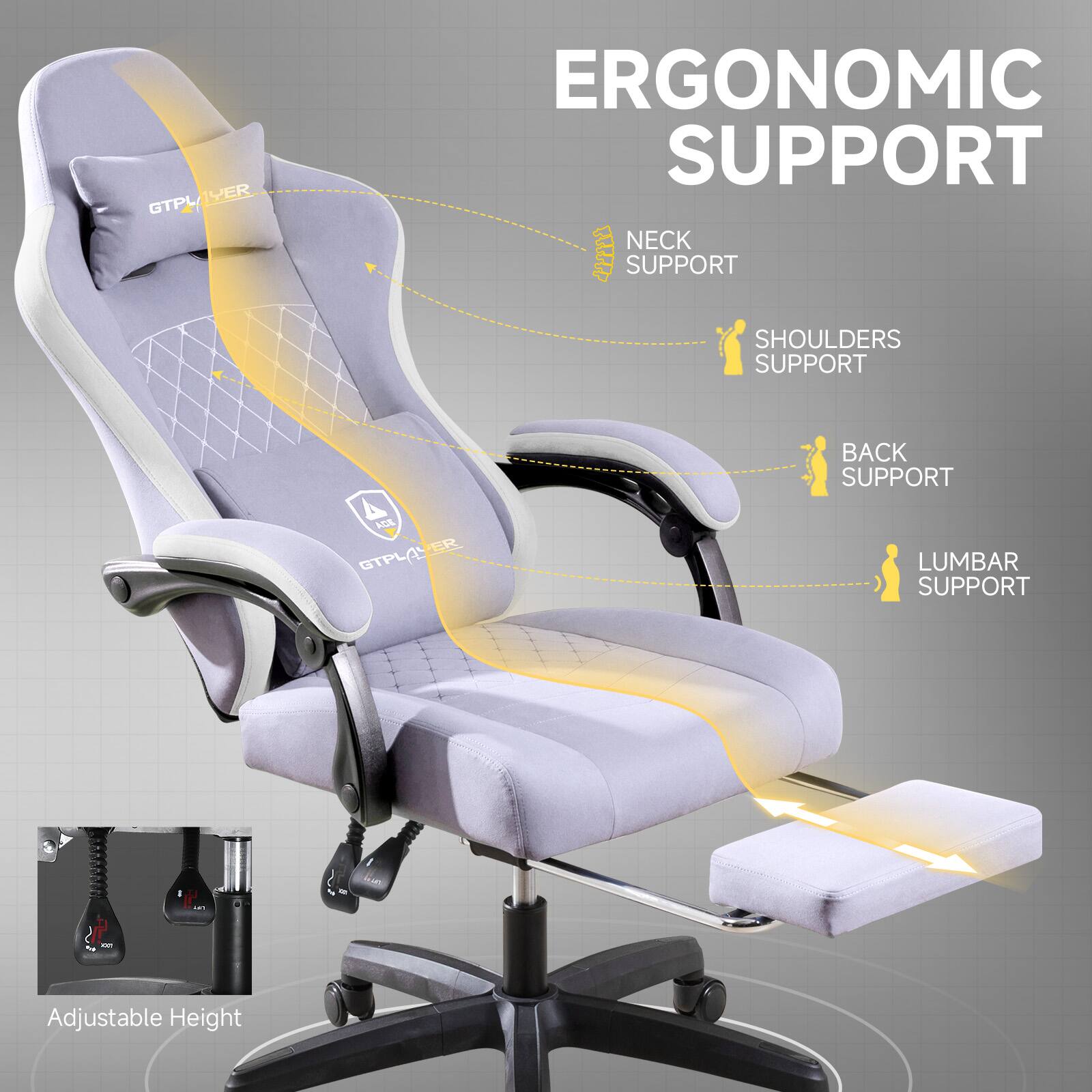 GTPLAYER YER GTPL ERGONOMIC SUPPORT NECK SUPPORT SHOULDERS SUPPORT BACK SUPPORT LUMBAR SUPPORT: - Adjustable Height