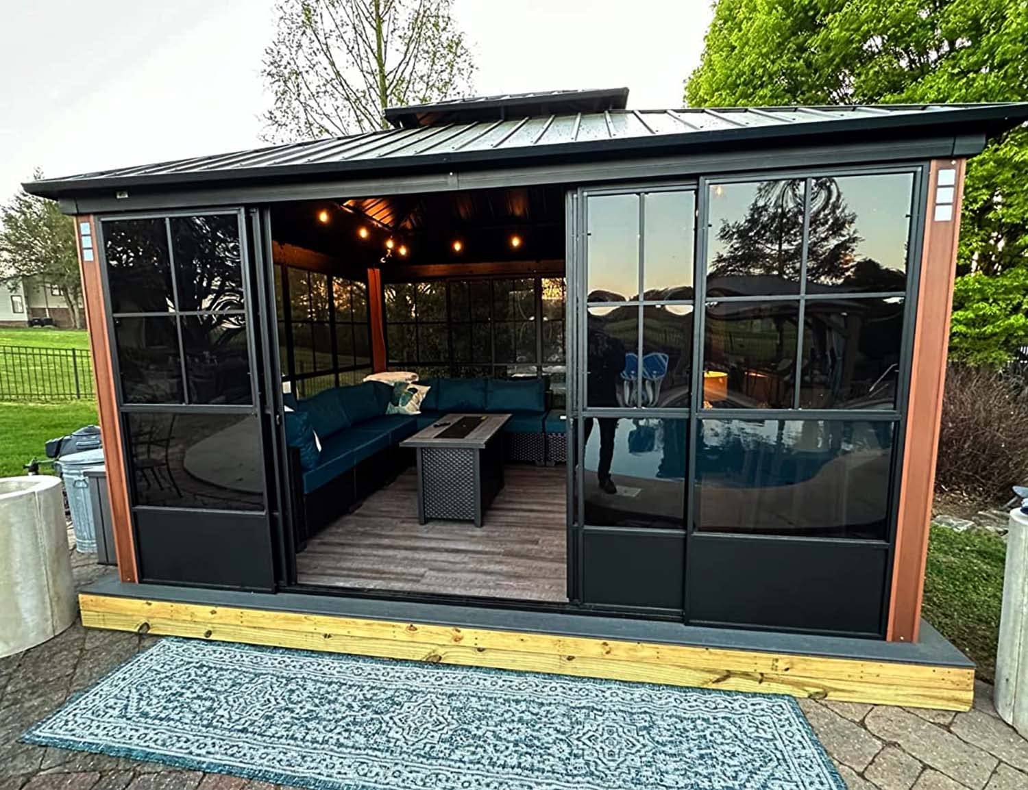 Angle. PURPLE LEAF - 12' X 14' Sunroom Outdoor Hardtop Gazebo Wood Grain Aluminum Frame Galvanized Steel Double Roof All-Weather Screen House - 12' X 14'.