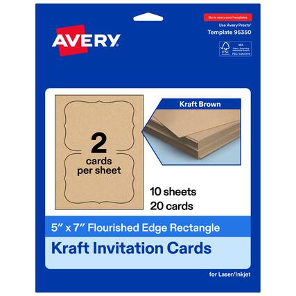Go to avery.com/templates
AVERY
Use Avery Presta Template 95350
MX
FSC® C007276
Kraft Brown
2 cards per sheet
10 sheets
20 cards
5" x 7" Flourished Edge Rectangle Kraft Invitation Cards for Laser/Inkjet
