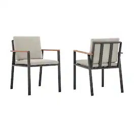 Armen Living - Nofi Outdoor Patio Dining Chair in Charcoal Finish with Cushions and Teak Wood Accent Arms - Set of 2 - Taupe