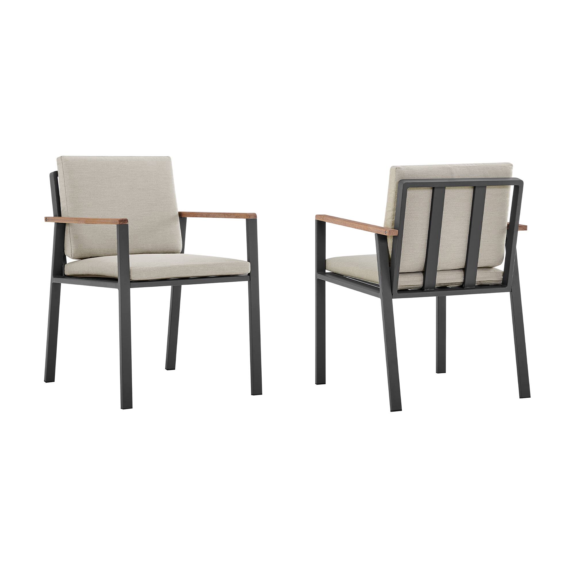 Armen Living - Nofi Outdoor Patio Dining Chair in Charcoal Finish with Cushions and Teak Wood Accent Arms - Set of 2 - Taupe