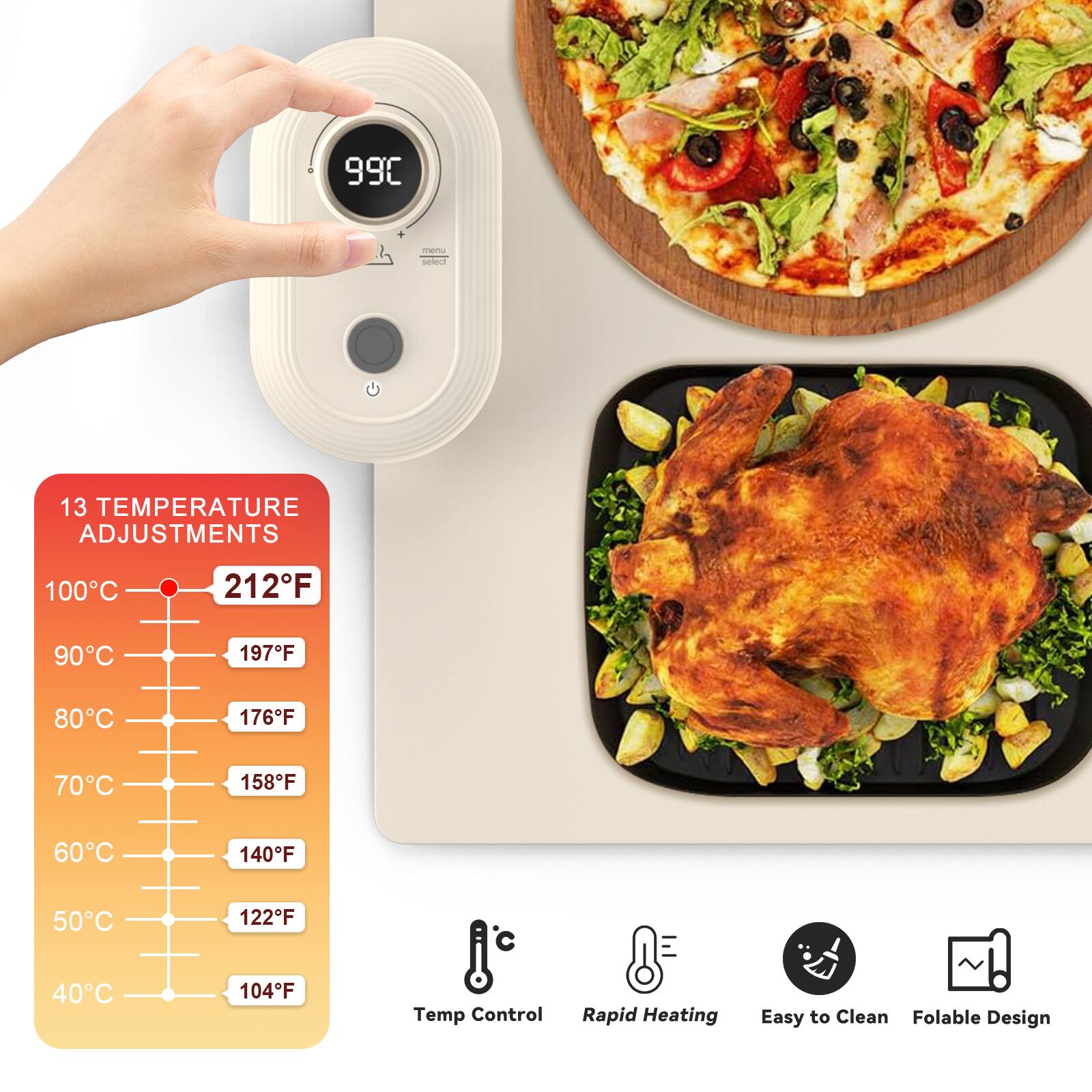 13 Temperature Adjustments

- 100°C = 212°F
- 90°C = 197°F
- 80°C = 176°F
- 70°C = 158°F
- 60°C = 140°F
- 50°C = 122°F
- 40°C = 104°F

Temp Control
Rapid Heating
Easy to Clean
Foldable Design