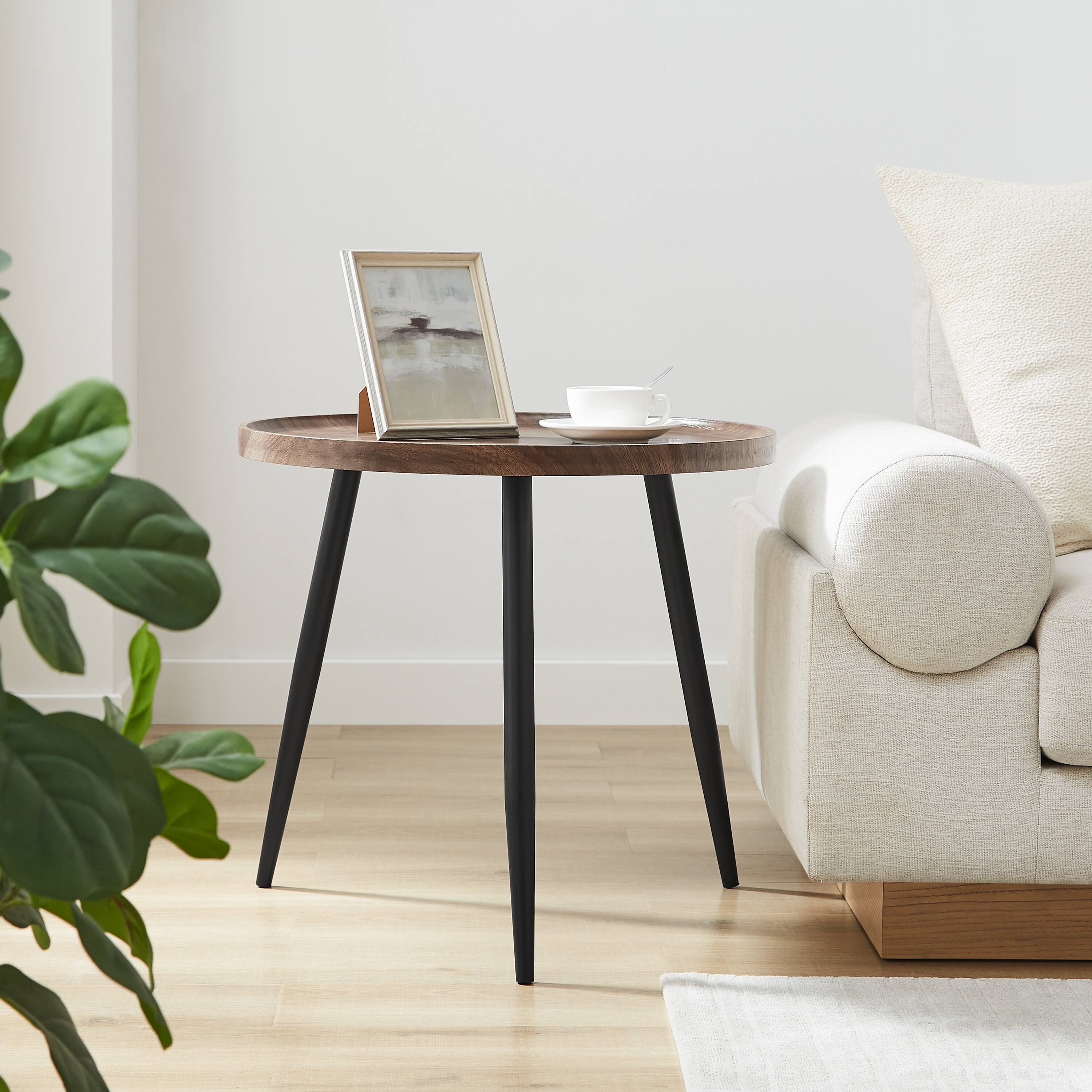 Angle. Danya B - Paxton Raised Lip Edge Side Table - Round - Walnut - Walnut, Black.