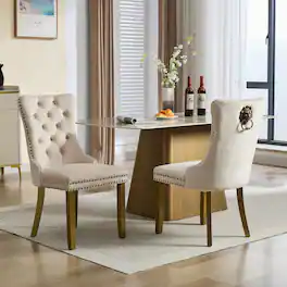 Loheer - Mid-Century Velvet Dining Chairs Set of 2, Tufted Upholstered Chairs with Lion Head Pull Ring - Beige