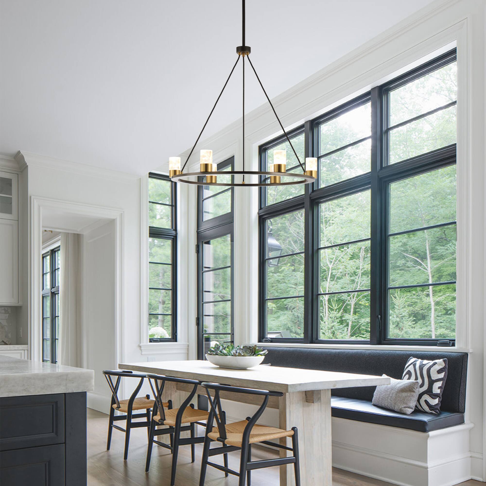 Left. Perimost - 30'' Width Modern Gold Six LED Light Chandeliers with crystal Shade and adjustable Rod.