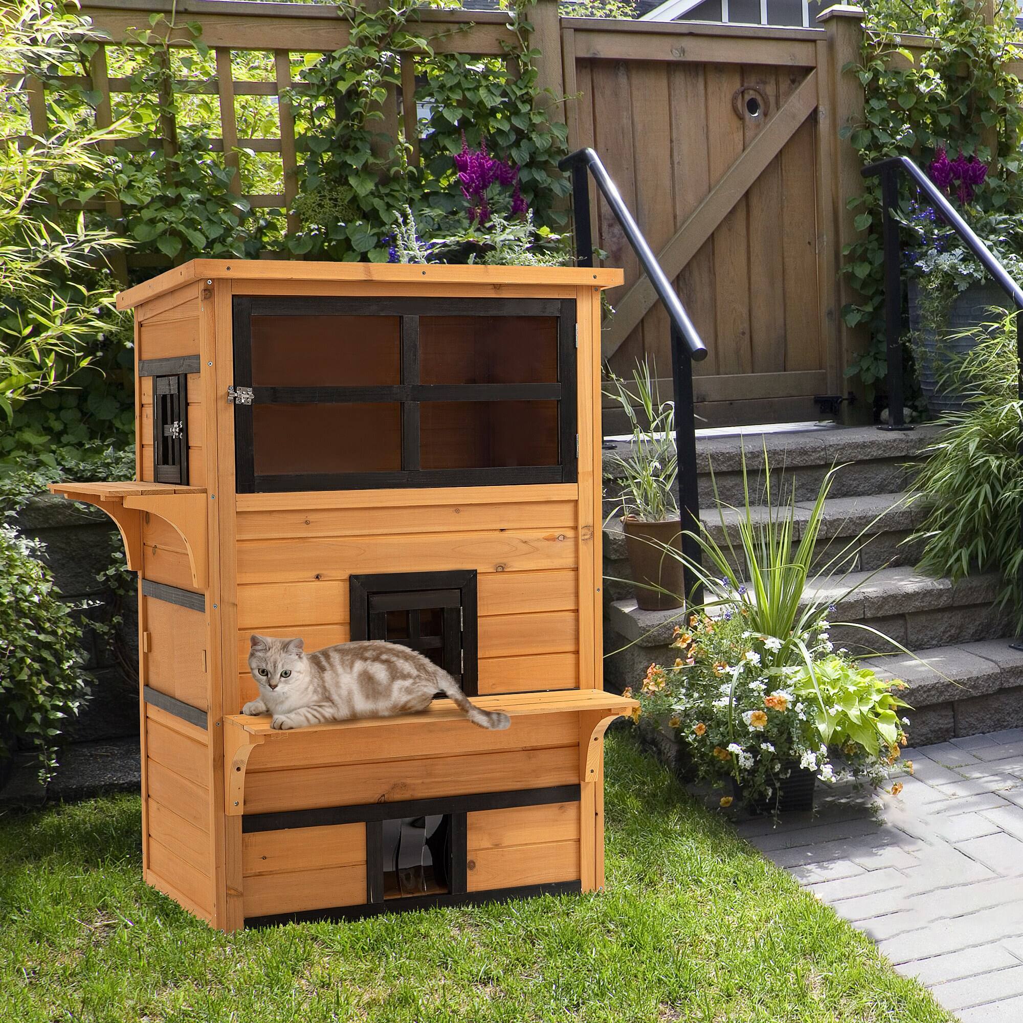 Angle. Siljoy - Yellow 3‑Story Cat House, Outdoor Feral Shelter with Asphalt Roof, 5 Doors & Jump Platforms.