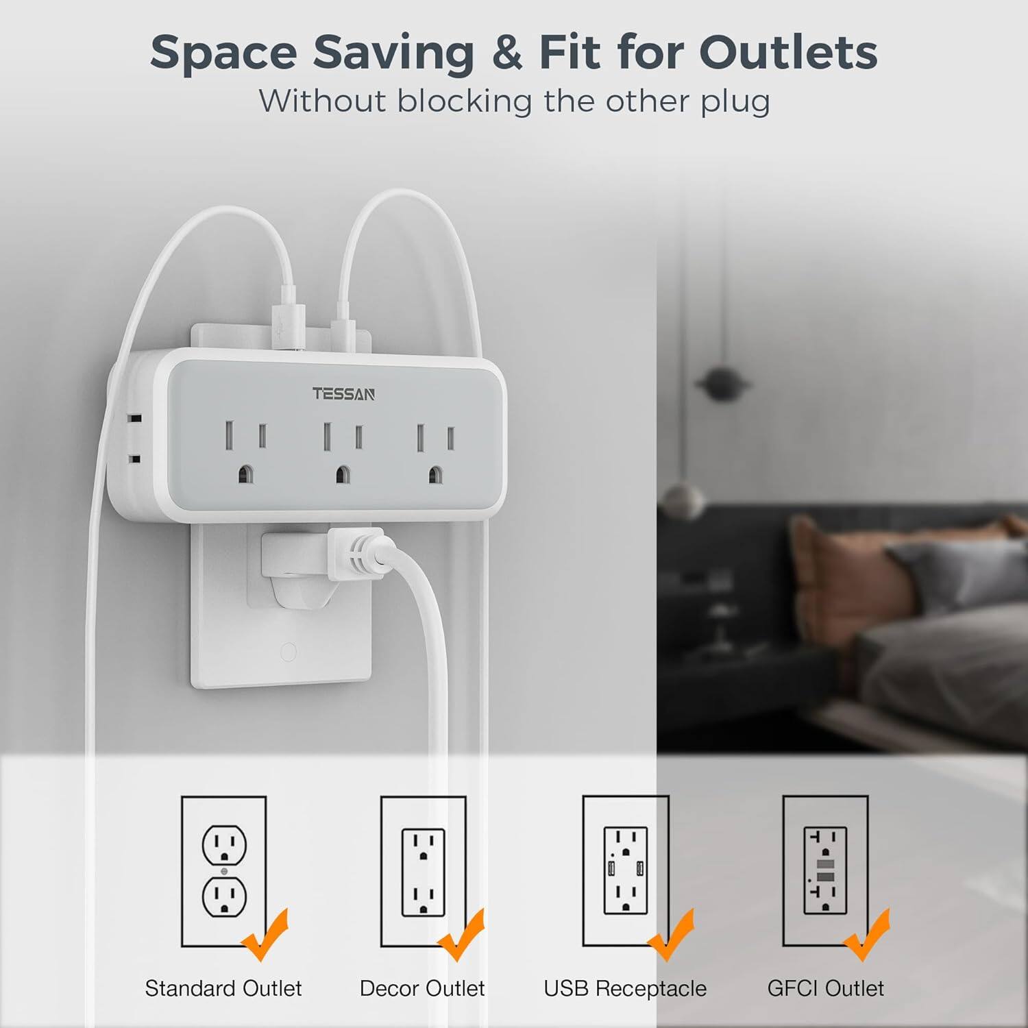 Space Saving & Fit for Outlets  
Without blocking the other plug  

TESSAN Standard Outlet Decor Outlet USB Receptacle GFCI Outlet