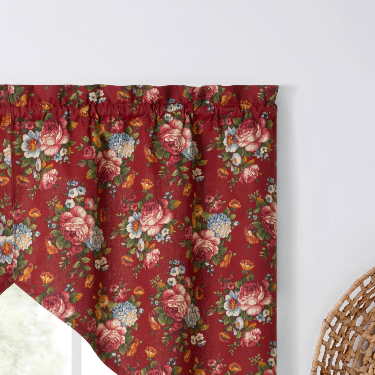 Left. Ellis Curtain - Ellis Bella Rose Stylish Medium Scale Printed Floral Pattern 1.5" Rod Pocket Tailored Swag for Windows 56"x36" Red - Red.
