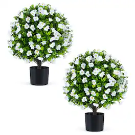 Gymax - 2 Pack Artificial Eucalyptus Topiary Ball Trees w/Flowers Cement Filled Planter Green & Black - White