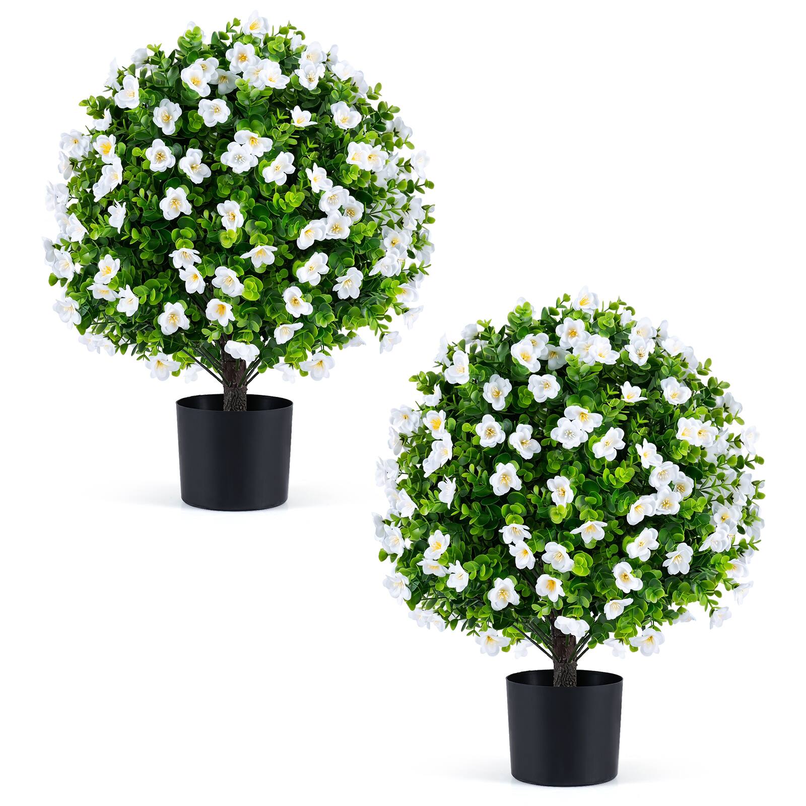 Gymax - 2 Pack Artificial Eucalyptus Topiary Ball Trees w/Flowers Cement Filled Planter Green & Black - White