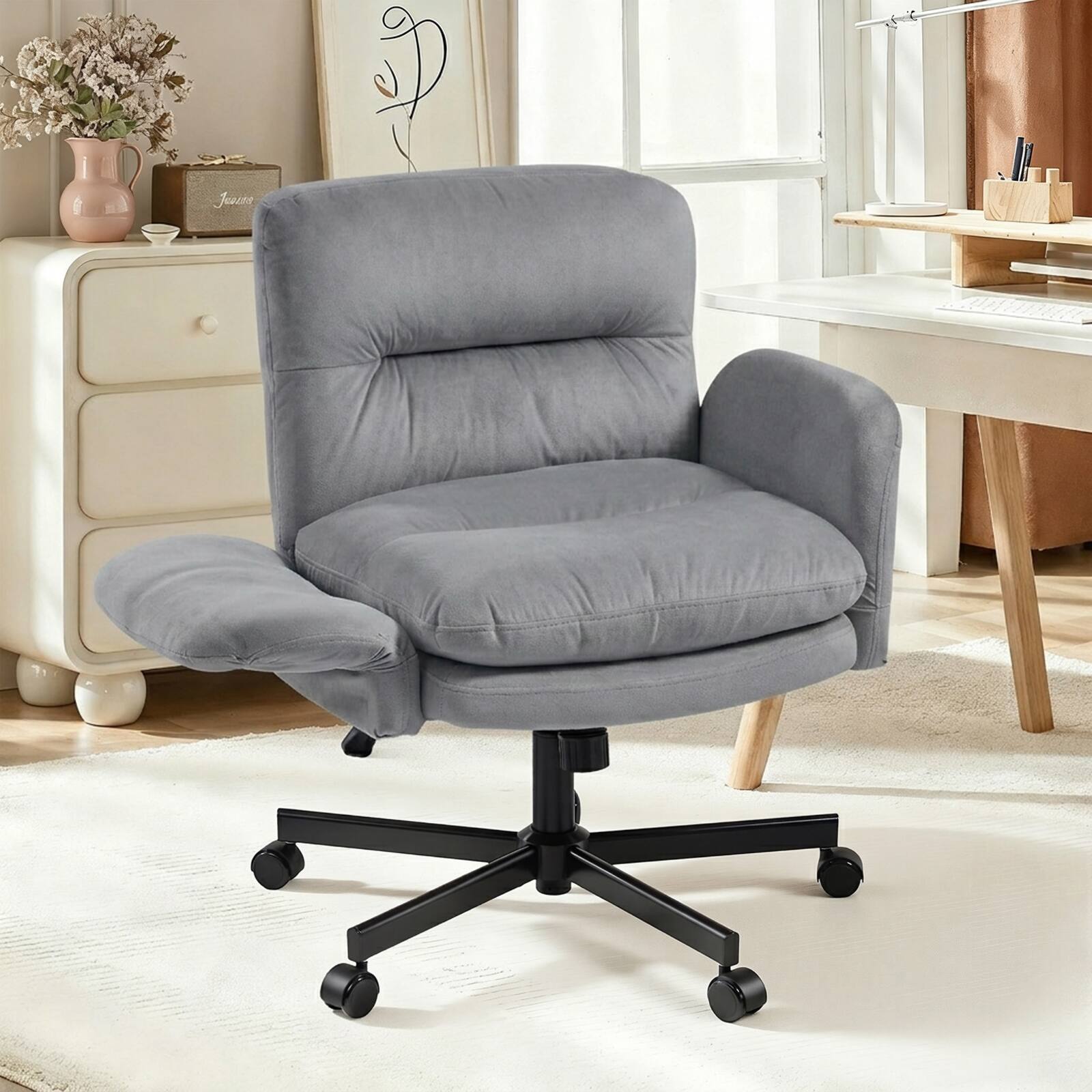 Alt View 3. Bestier - Ergonomic Criss Cross Office Chair, Adjustable Armrest Vanity Chair with Wheels, Ergonomic Chair for Home Office Bedroom - Grey.