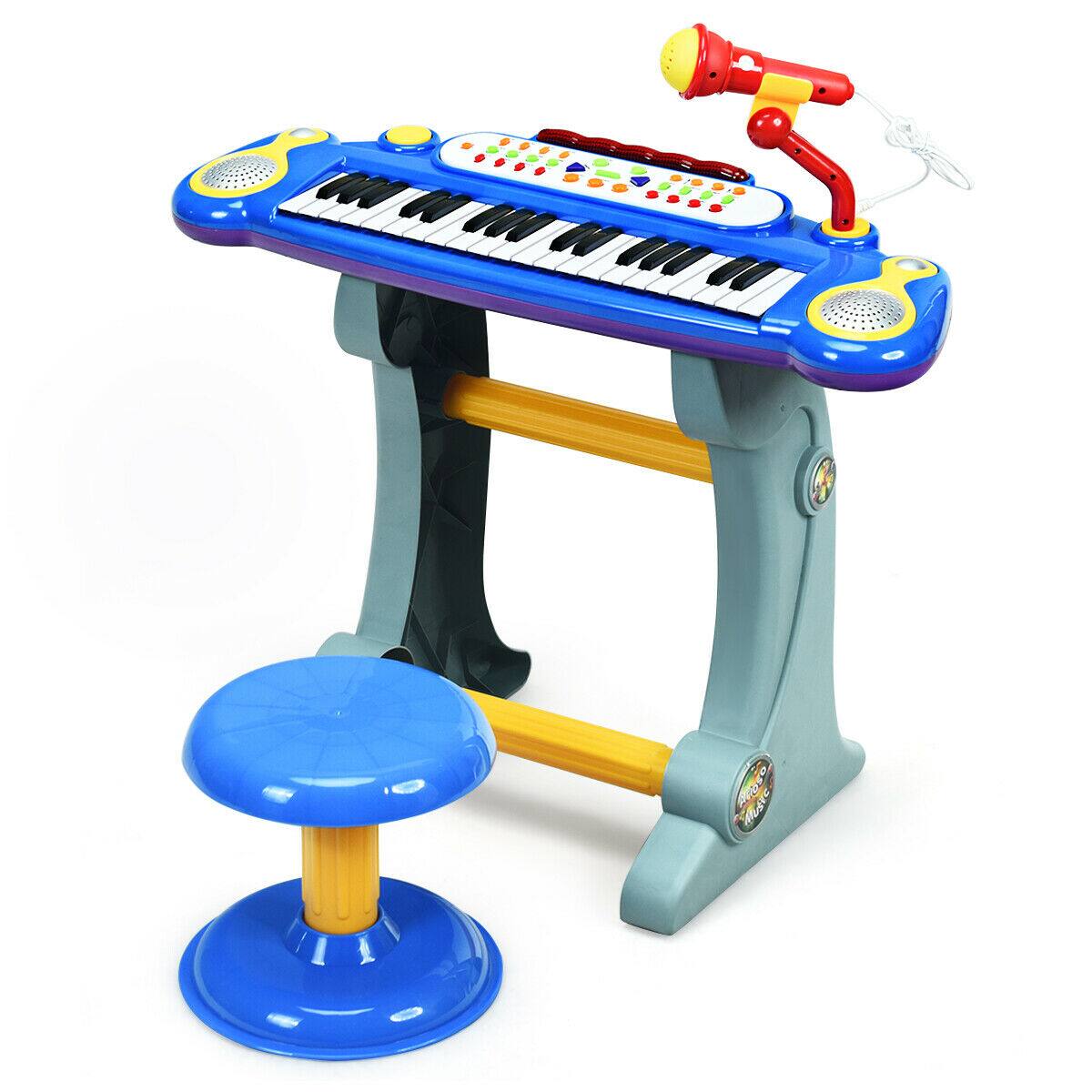 Gymax - 37 Key Electronic Keyboard Kids Toy Piano MP3 Input w/ Microphone & Stool - Blue