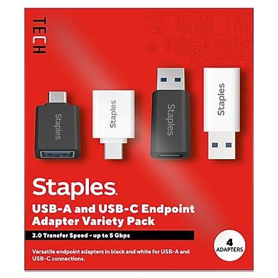 TECH Staples Staples Staples Staples. USB-A and USB-C Endpoint Adapter Variety Pack 3.0 Transfer Speed up to 5 Gbps 4 Versatile endpoint adapters in black and white for USB-A and USB-C connections.