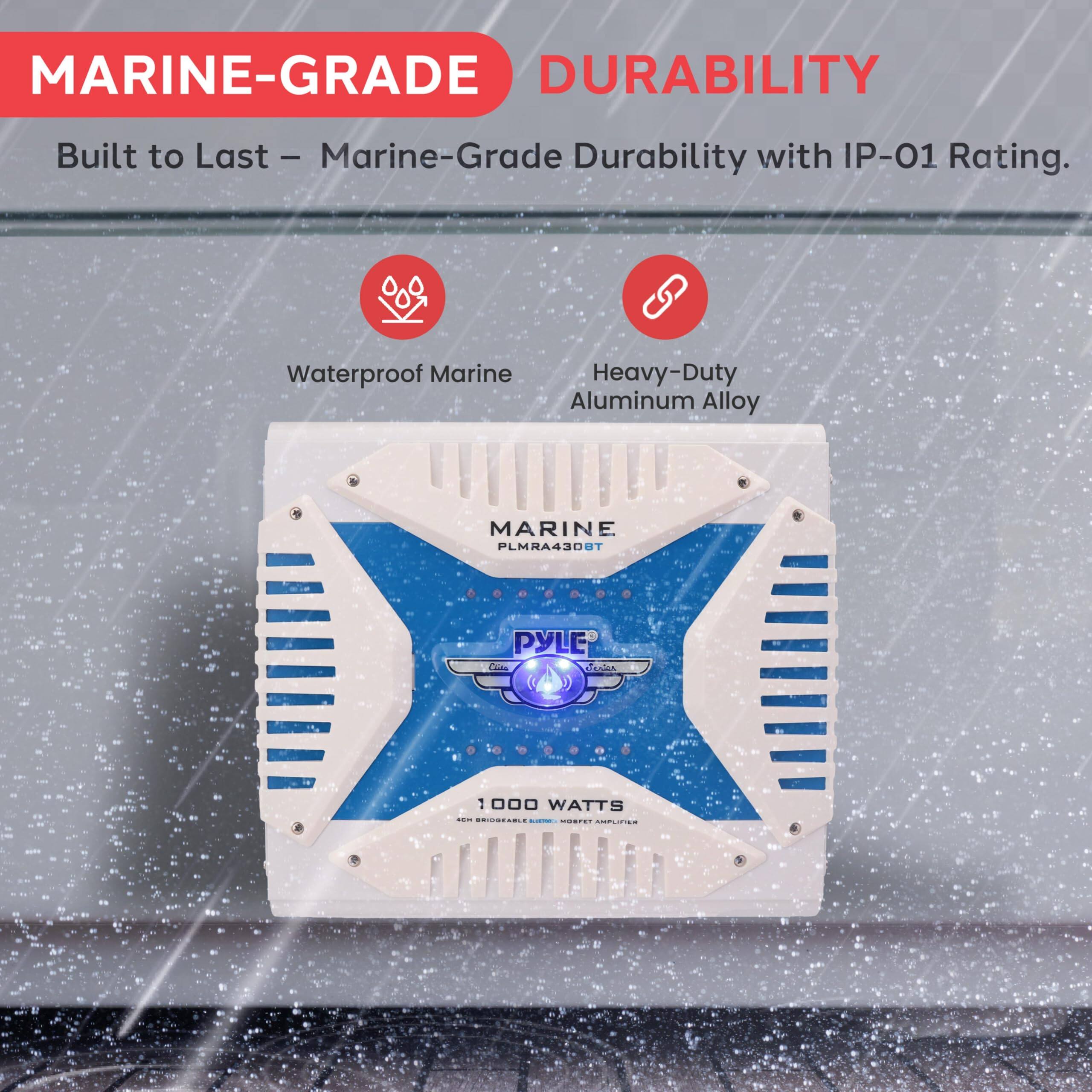 MARINE-GRADE DURABILITY  
Built to Last – Marine-Grade Durability with IP-01 Rating.  
Waterproof Marine  
Heavy-Duty Aluminum Alloy  

MARINE  
PLMHA43DST  
PYLE  
1000 WATTS