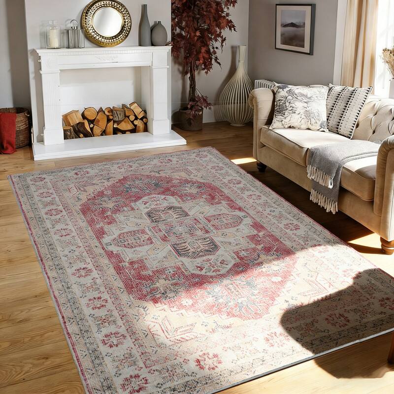Angle. RYHNUYNE - 5x7 Area Rugs Living Room Rug Washable Vintage Boho Rug No Slip Stain Resistant Soft Carpet Indoor Floor Floral Carpets - Painting.