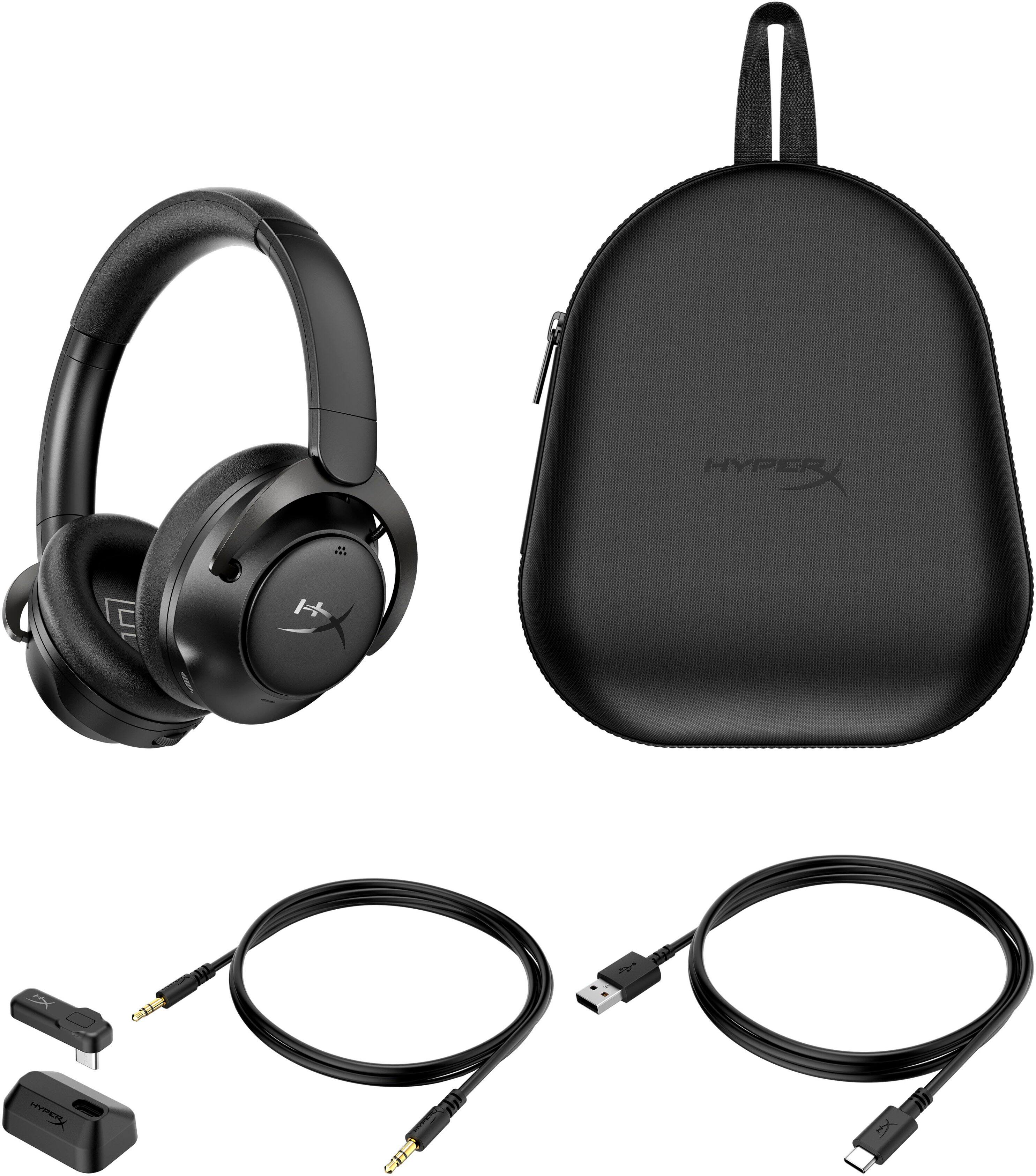 The image features a black headset and a black case, both labeled with the word "Hyper." The headset is accompanied by a USB cable, and the case is designed to hold the headset and the USB cable. The headset is positioned on the left side of the image, while the case is on the right side. The USB cable is placed in the middle of the image, connecting the headset to the case.