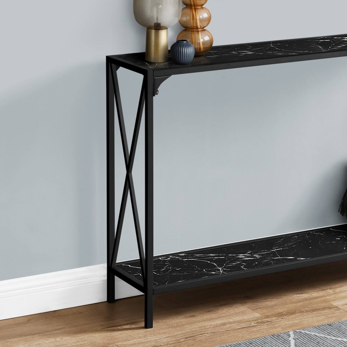 Alt View 2. TinyHomie - Accent Table Console Entryway Narrow Sofa Living Room Bedroom Black Marble Look Black Metal Contemporary Modern - Black.