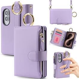 UUCOVER - Magnetic Zipper Wallet Case for Samsung Galaxy Z Fold 8 Leather Card Slots RFID Blocking Stand Cover+Shoulder Strap - Violet