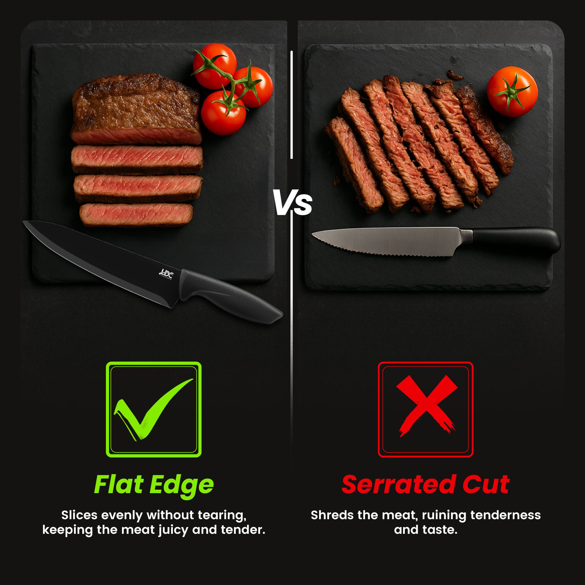 Vs

JDC Flat Edge  
Slices evenly without tearing, keeping the meat juicy and tender.

X Serrated Cut  
Shreds the meat, ruining tenderness and taste.