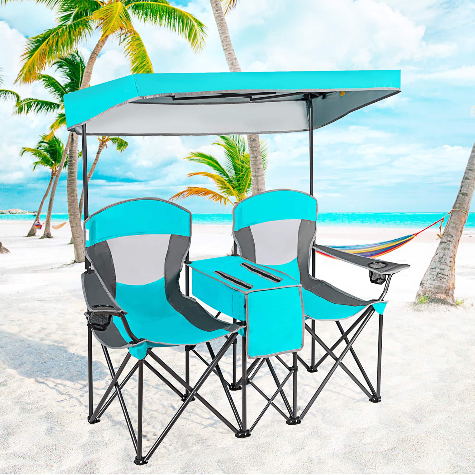 Front. Gymax - Gymax Folding 2-person Camping Chairs Double Sunshade Chairs w/ Canopy Turquoise - Turquoise.