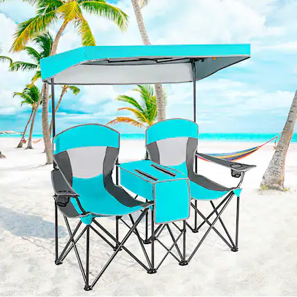 Front. Gymax - Gymax Folding 2-person Camping Chairs Double Sunshade Chairs w/ Canopy Turquoise - Turquoise.