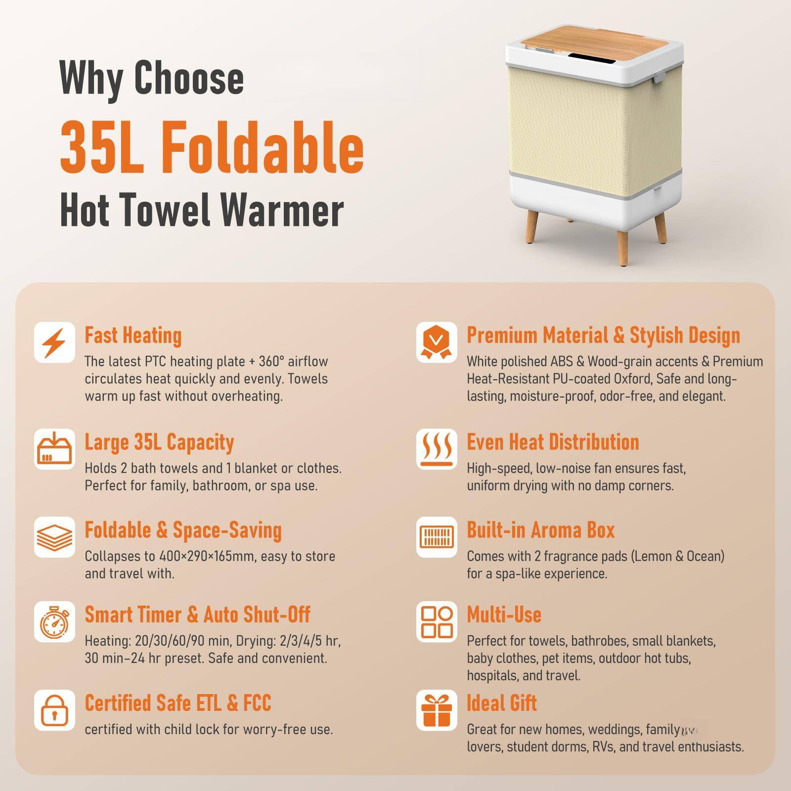 Why Choose  
35L Foldable Hot Towel Warmer

- **Fast Heating**  
  The latest PTC heating plate + 360° airflow circulates heat quickly and evenly. Towels warm up fast without overheating.

- **Premium Material & Stylish Design**  
  White polished ABS & Wood-grain accents & Premium Heat-Resistant PU-coated Oxford, Safe and long-lasting, moisture-proof, odor-free, and elegant.

- **Large 35L Capacity**  
  Holds 2 bath towels and 1 blanket or clothes. Perfect for family, bathroom, or spa use.

- **Foldable & Space-Saving**  
  Collapses to 400x290x165mm, easy to store and travel with.

- **Smart Timer & Auto Shut-Off**  
  Heating: 20/30/60/90 min, Drying: 2/3/4/5 hr, 30 min-24 hr preset. Safe and convenient.

- **Certified Safe ETL & FCC**  
  Certified with child lock for worry-free use.

- **Even Heat Distribution**  
  High-speed, low-noise fan ensures fast,