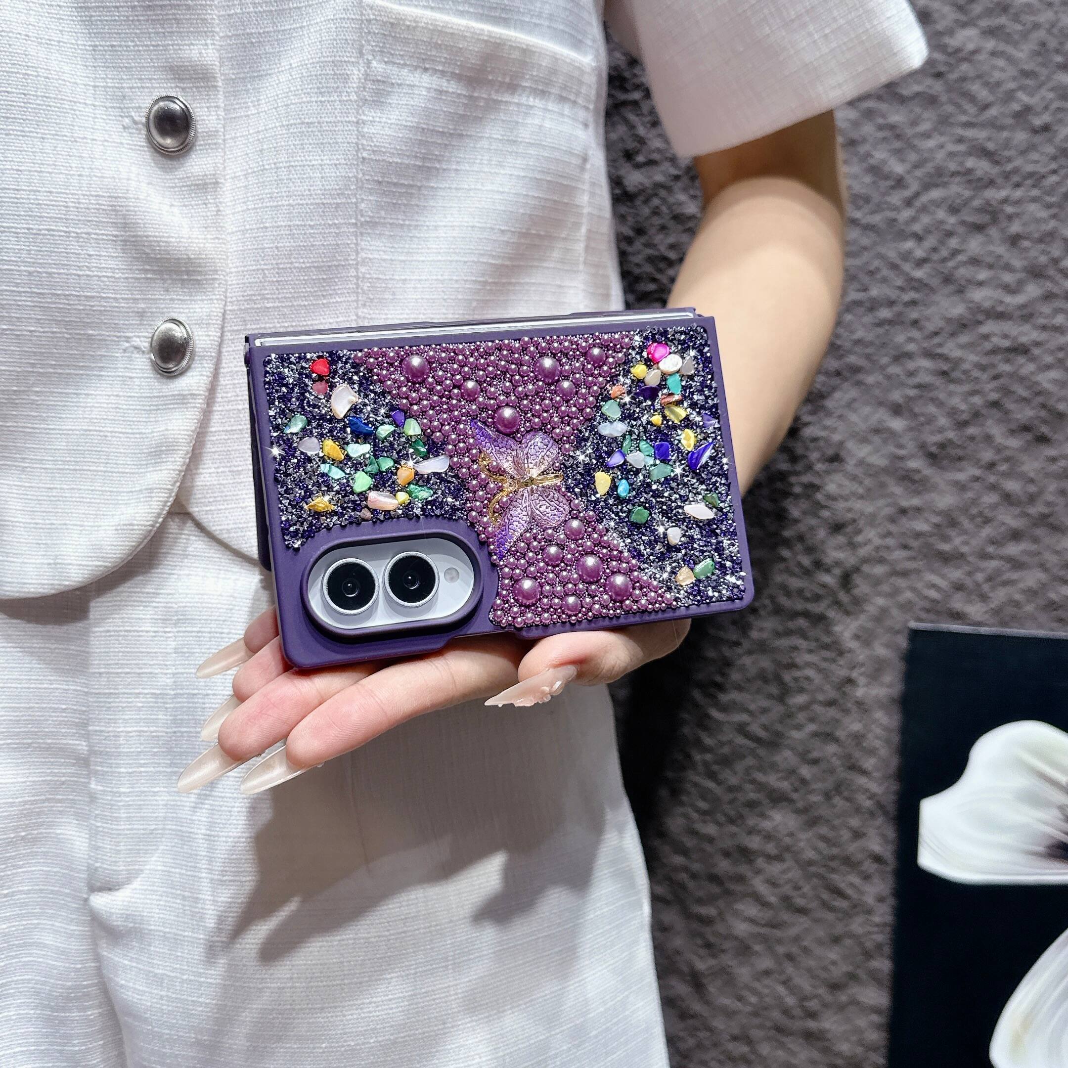 Back. Dteck - Diamond Case for Samsung Galaxy Z Fold 8, Sparkle Glitter Rhinestone Butterfly Phone Cover with Strap - Purple.