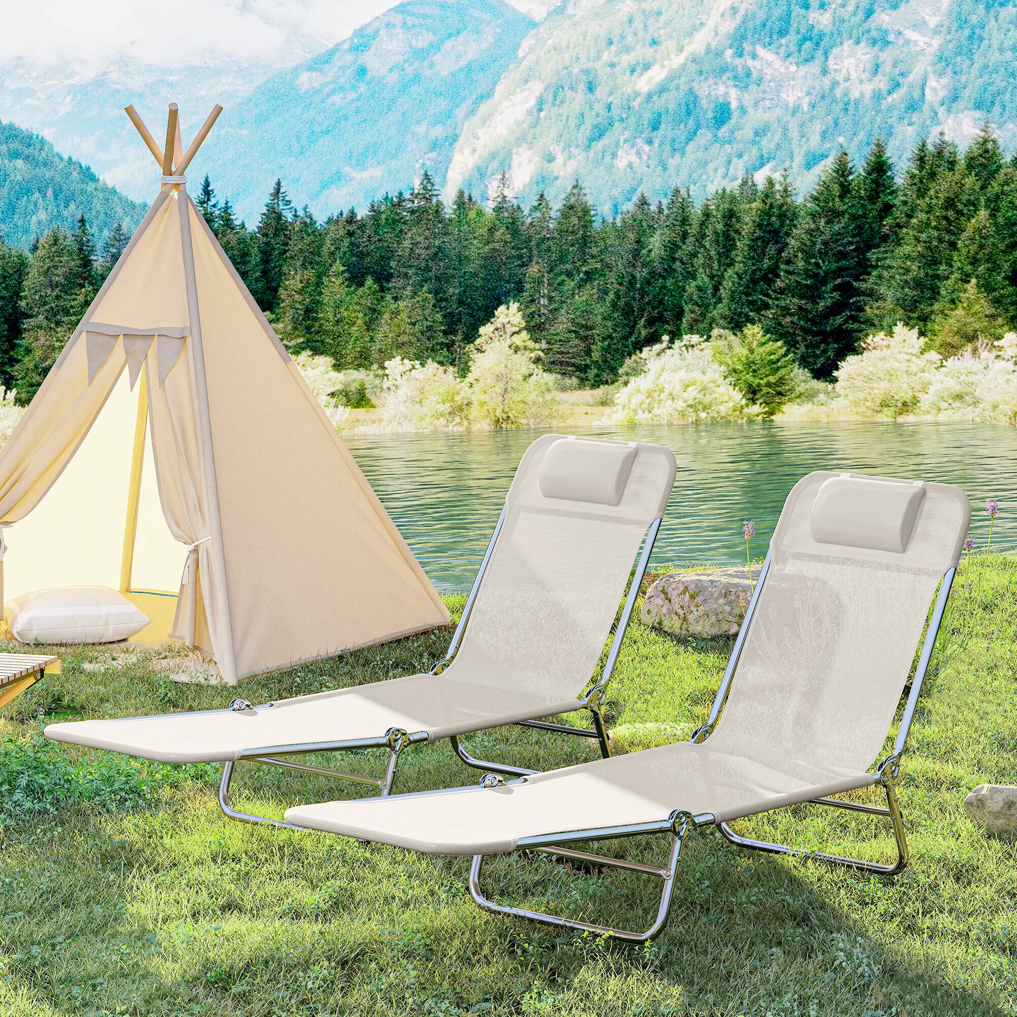 Alt View 7. Outsunny - 2 Piece Folding Chaise Lounge Chairs, Pool Sun Tanning Chairs with Reclining Back, Breathable Mesh Seat - Cream White.