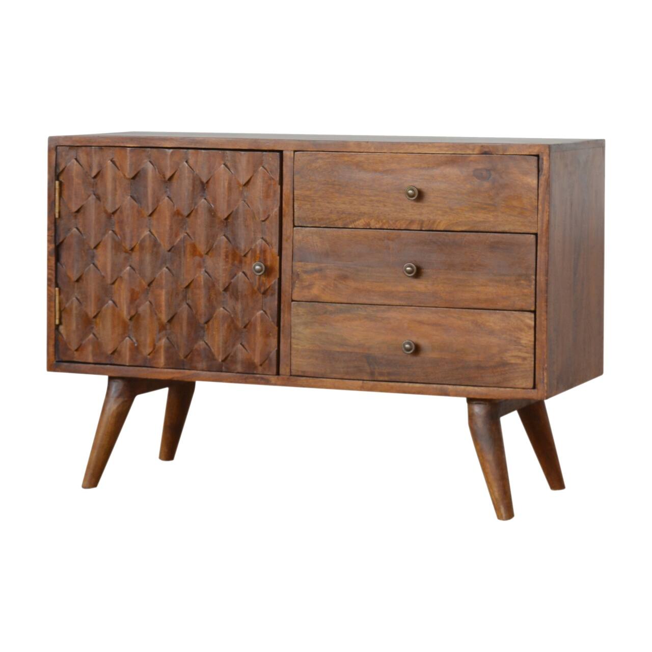 Back. Artisan Furniture - Artisan Furniture Solid Wood Carved Chestnut Sideboard, 3 Drawers, 1 Door, Dark Brown - Dark Brown.